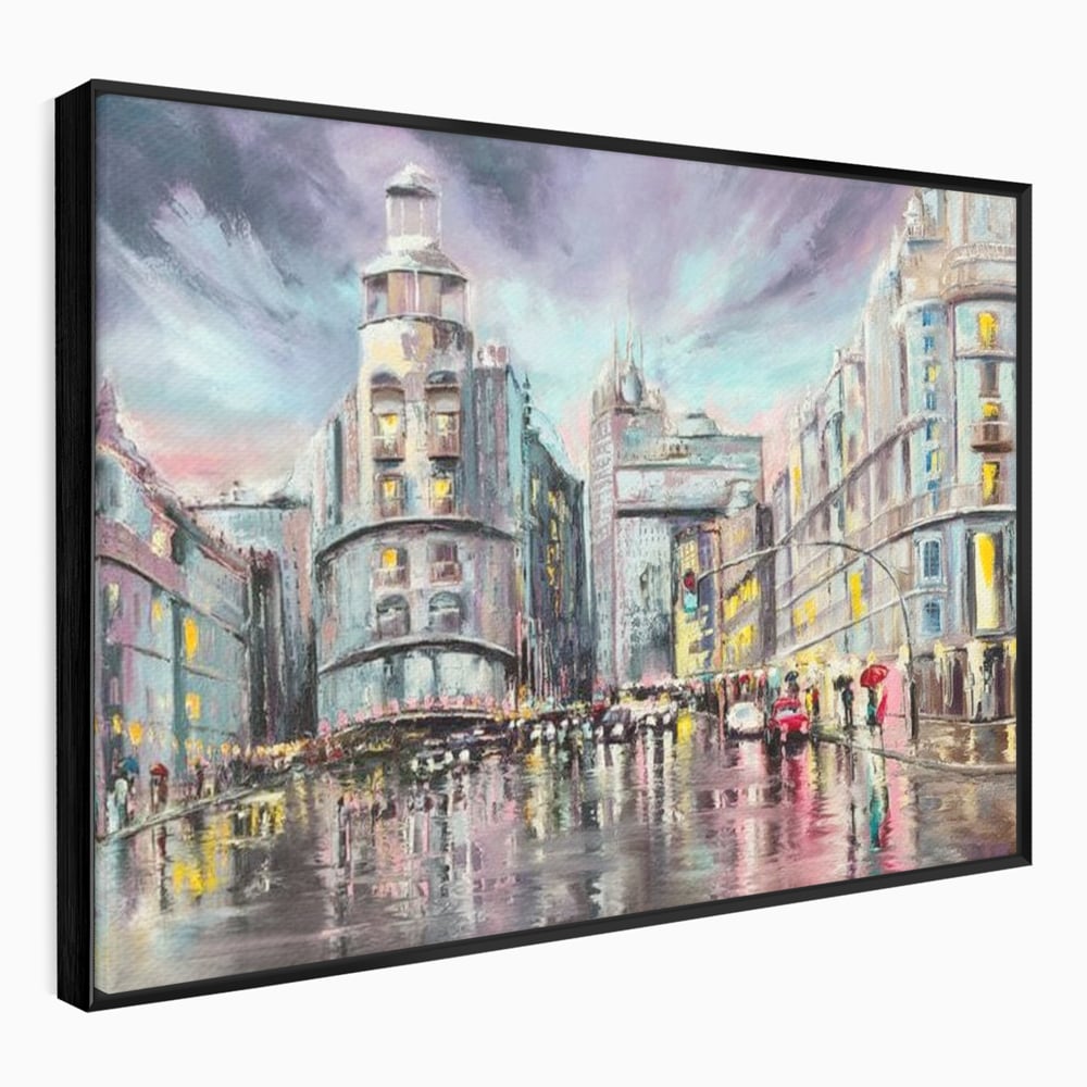 Tablou Canvas Premium, LuxCanva® O1009, Avenue in Lumina, Reflexii, Urban, Oras, Ploaie, Europa, Strada, Vibratie, Magie, Umbrela, Arhitectura, Citadin, Pictura, Vacanta, Birou, Living, Dormitor
