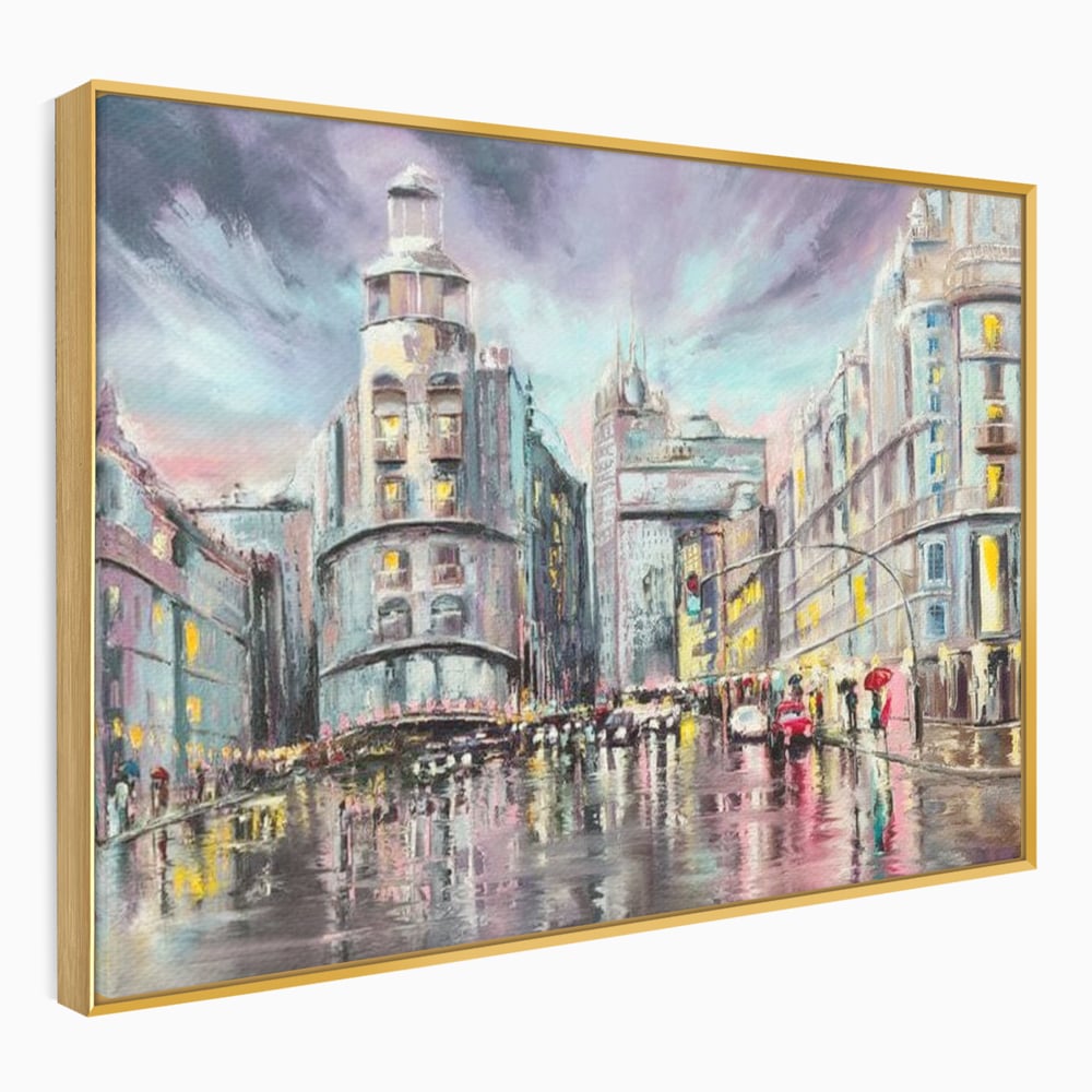Tablou Canvas Premium, LuxCanva® O1009, Avenue in Lumina, Reflexii, Urban, Oras, Ploaie, Europa, Strada, Vibratie, Magie, Umbrela, Arhitectura, Citadin, Pictura, Vacanta, Birou, Living, Dormitor