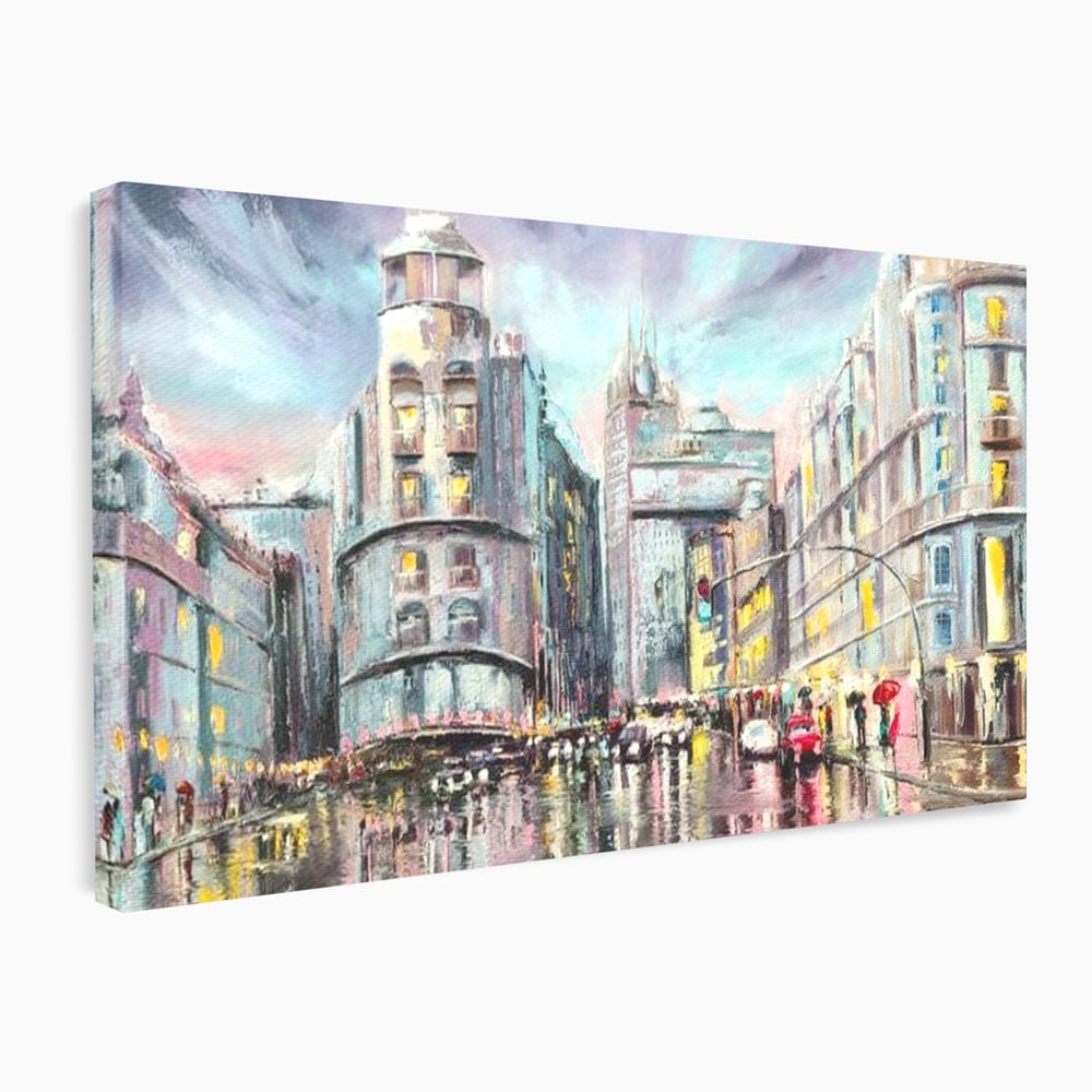 Tablou Canvas Premium, LuxCanva® O1009, Avenue in Lumina, Reflexii, Urban, Oras, Ploaie, Europa, Strada, Vibratie, Magie, Umbrela, Arhitectura, Citadin, Pictura, Vacanta, Birou, Living, Dormitor