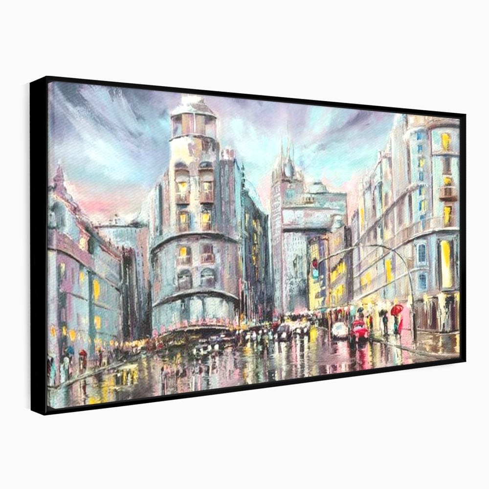 Tablou Canvas Premium, LuxCanva® O1009, Avenue in Lumina, Reflexii, Urban, Oras, Ploaie, Europa, Strada, Vibratie, Magie, Umbrela, Arhitectura, Citadin, Pictura, Vacanta, Birou, Living, Dormitor