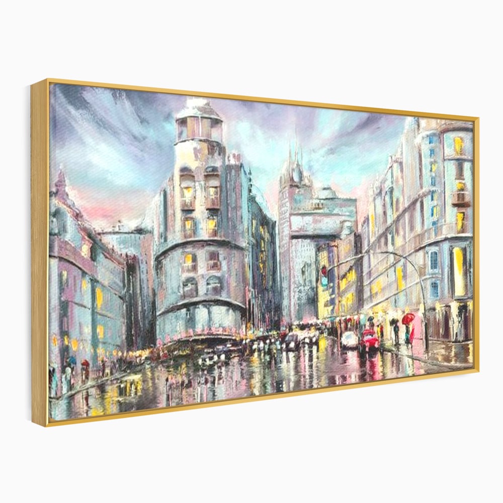 Tablou Canvas Premium, LuxCanva® O1009, Avenue in Lumina, Reflexii, Urban, Oras, Ploaie, Europa, Strada, Vibratie, Magie, Umbrela, Arhitectura, Citadin, Pictura, Vacanta, Birou, Living, Dormitor