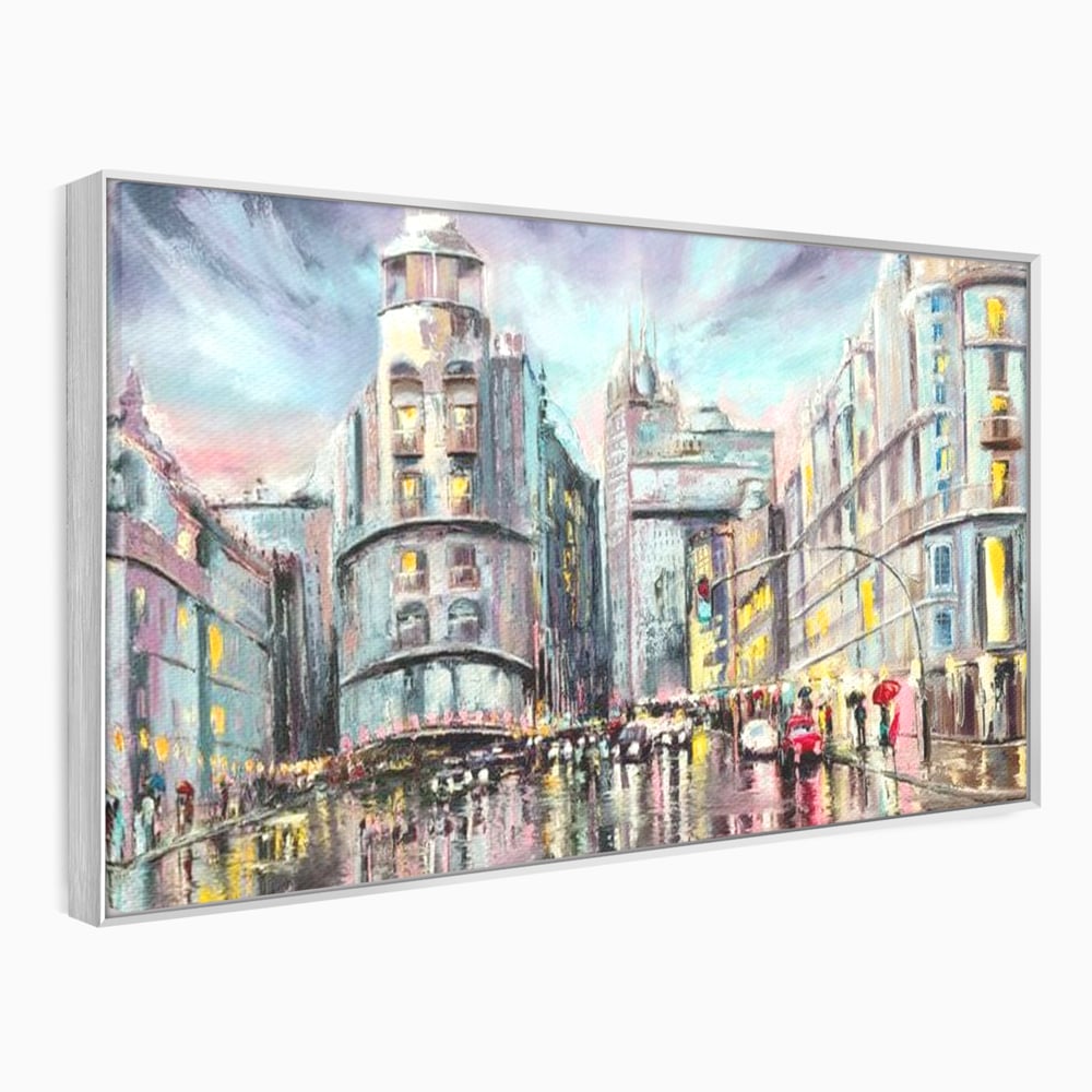 Tablou Canvas Premium, LuxCanva® O1009, Avenue in Lumina, Reflexii, Urban, Oras, Ploaie, Europa, Strada, Vibratie, Magie, Umbrela, Arhitectura, Citadin, Pictura, Vacanta, Birou, Living, Dormitor