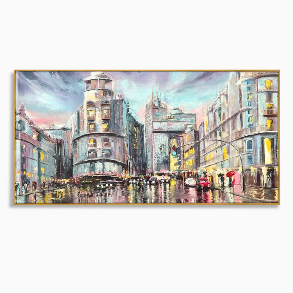 Tablou Canvas Premium, LuxCanva® O1009, Avenue in Lumina, Reflexii, Urban, Oras, Ploaie, Europa, Strada, Vibratie, Magie, Umbrela, Arhitectura, Citadin, Pictura, Vacanta, Birou, Living, Dormitor