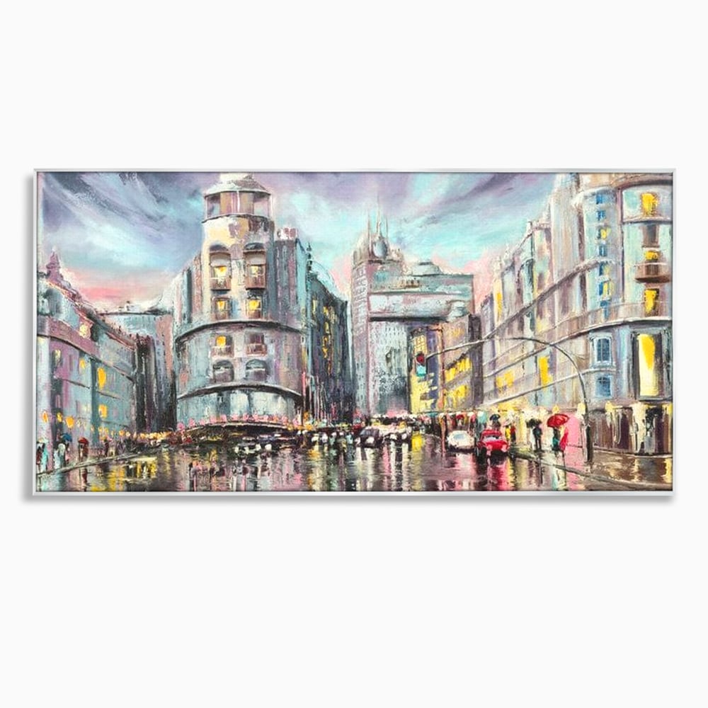 Tablou Canvas Premium, LuxCanva® O1009, Avenue in Lumina, Reflexii, Urban, Oras, Ploaie, Europa, Strada, Vibratie, Magie, Umbrela, Arhitectura, Citadin, Pictura, Vacanta, Birou, Living, Dormitor