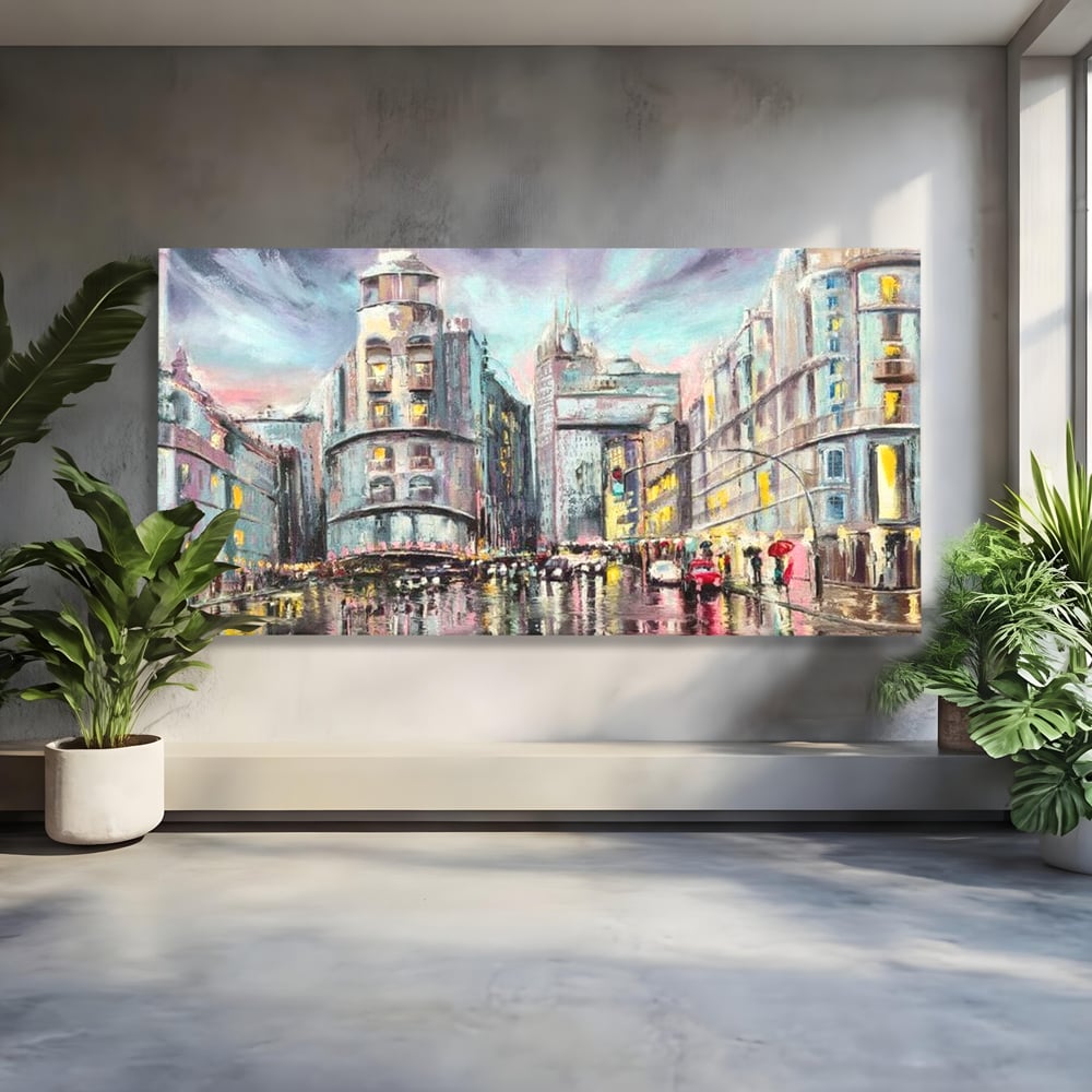 Tablou Canvas Premium, LuxCanva® O1009, Avenue in Lumina, Reflexii, Urban, Oras, Ploaie, Europa, Strada, Vibratie, Magie, Umbrela, Arhitectura, Citadin, Pictura, Vacanta, Birou, Living, Dormitor