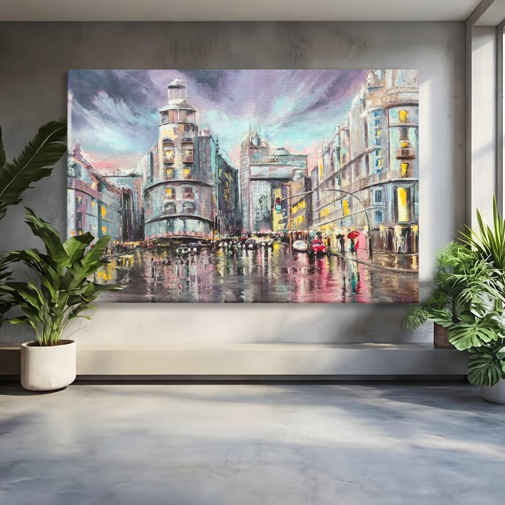 Tablou Canvas Premium, LuxCanva® O1009, Avenue in Lumina, Reflexii, Urban, Oras, Ploaie, Europa, Strada, Vibratie, Magie, Umbrela, Arhitectura, Citadin, Pictura, Vacanta, Birou, Living, Dormitor