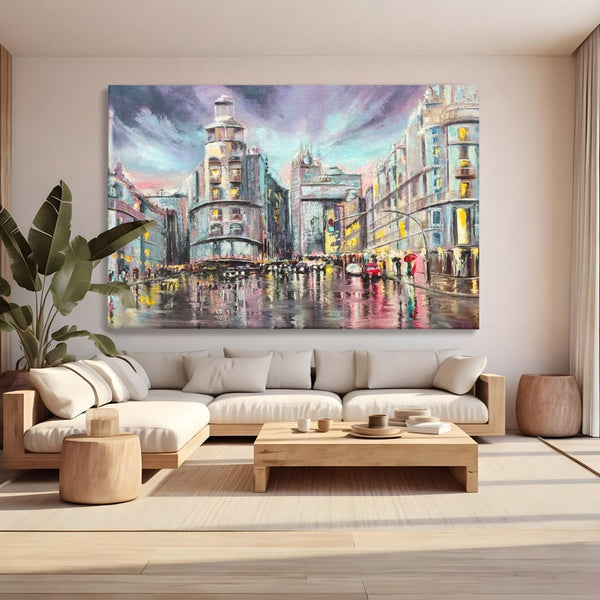 Tablou Canvas Premium, LuxCanva® O1009, Avenue in Lumina, Reflexii, Urban, Oras, Ploaie, Europa, Strada, Vibratie, Magie, Umbrela, Arhitectura, Citadin, Pictura, Vacanta, Birou, Living, Dormitor