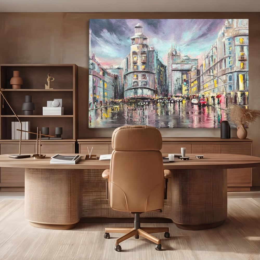 Tablou Canvas Premium, LuxCanva® O1009, Avenue in Lumina, Reflexii, Urban, Oras, Ploaie, Europa, Strada, Vibratie, Magie, Umbrela, Arhitectura, Citadin, Pictura, Vacanta, Birou, Living, Dormitor