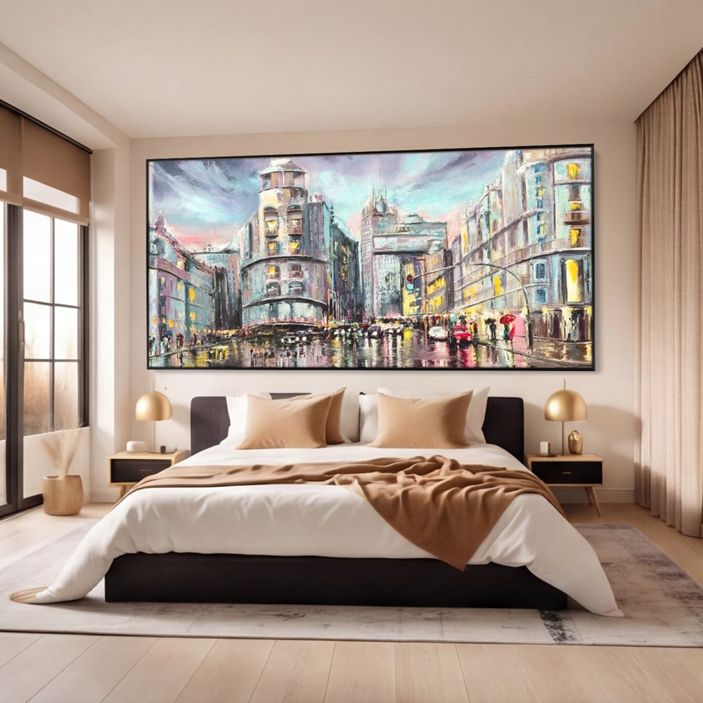 Tablou Canvas Premium, LuxCanva® O1009, Avenue in Lumina, Reflexii, Urban, Oras, Ploaie, Europa, Strada, Vibratie, Magie, Umbrela, Arhitectura, Citadin, Pictura, Vacanta, Birou, Living, Dormitor