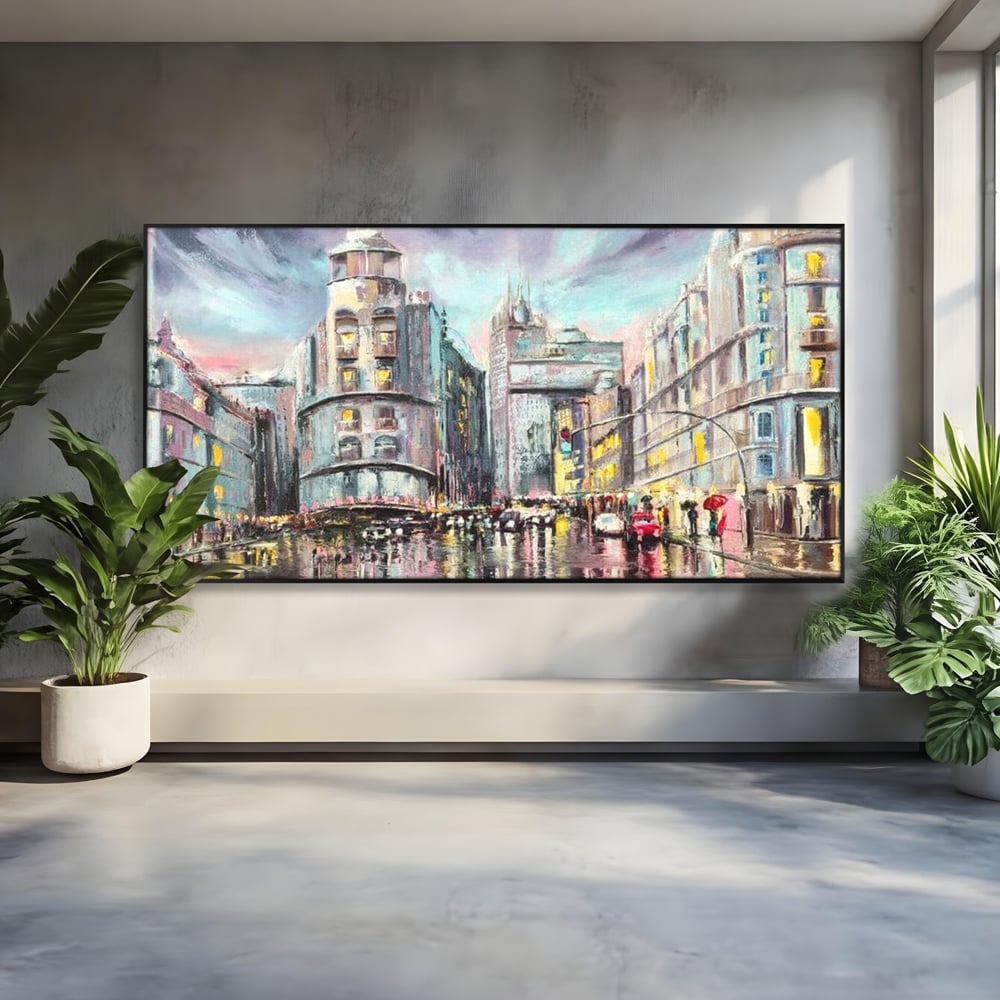 Tablou Canvas Premium, LuxCanva® O1009, Avenue in Lumina, Reflexii, Urban, Oras, Ploaie, Europa, Strada, Vibratie, Magie, Umbrela, Arhitectura, Citadin, Pictura, Vacanta, Birou, Living, Dormitor