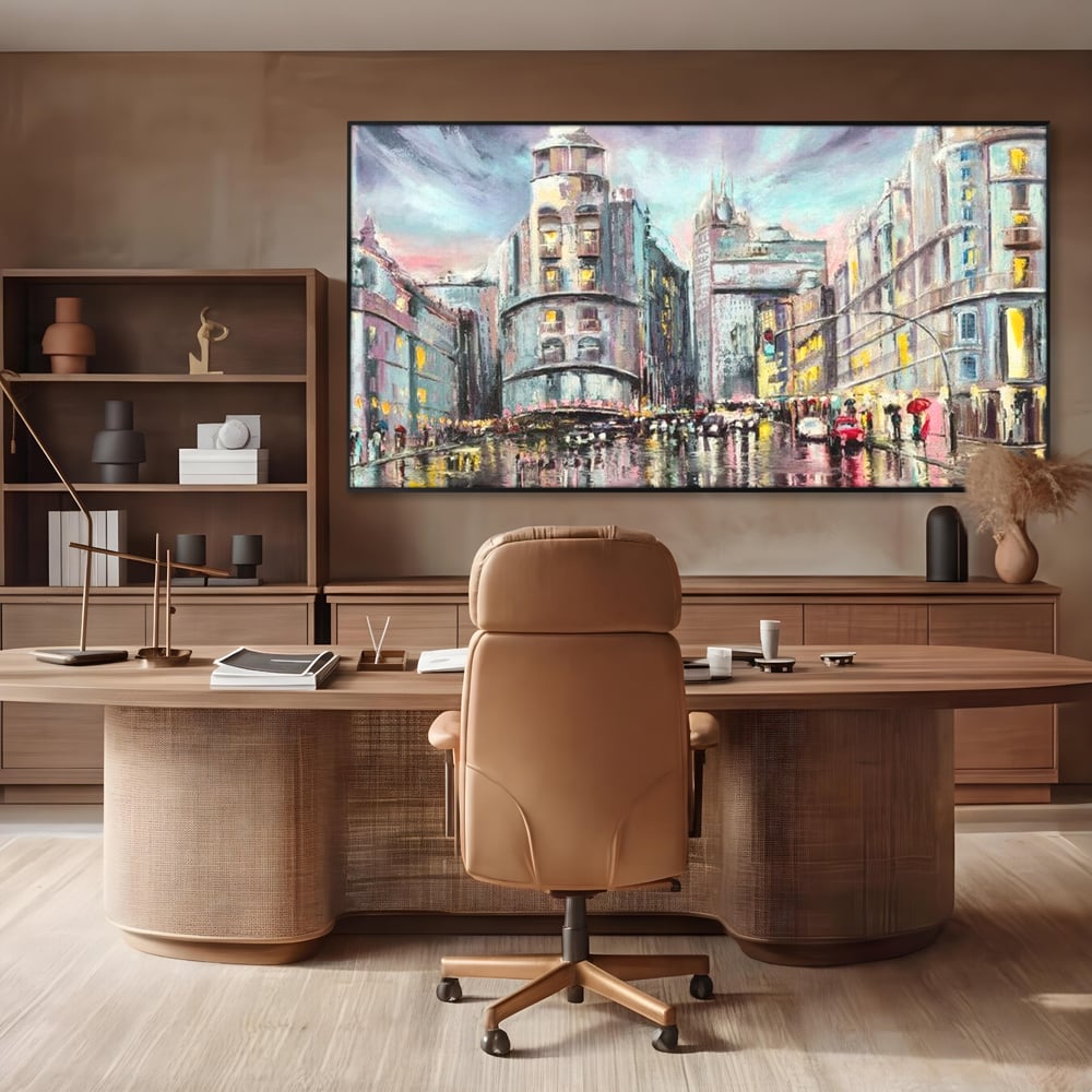 Tablou Canvas Premium, LuxCanva® O1009, Avenue in Lumina, Reflexii, Urban, Oras, Ploaie, Europa, Strada, Vibratie, Magie, Umbrela, Arhitectura, Citadin, Pictura, Vacanta, Birou, Living, Dormitor