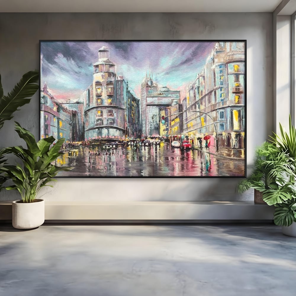 Tablou Canvas Premium, LuxCanva® O1009, Avenue in Lumina, Reflexii, Urban, Oras, Ploaie, Europa, Strada, Vibratie, Magie, Umbrela, Arhitectura, Citadin, Pictura, Vacanta, Birou, Living, Dormitor