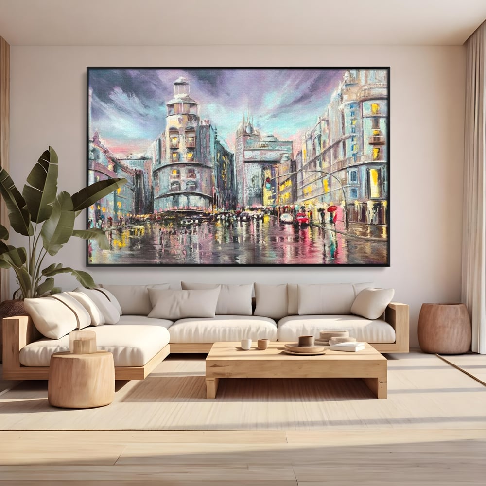 Tablou Canvas Premium, LuxCanva® O1009, Avenue in Lumina, Reflexii, Urban, Oras, Ploaie, Europa, Strada, Vibratie, Magie, Umbrela, Arhitectura, Citadin, Pictura, Vacanta, Birou, Living, Dormitor