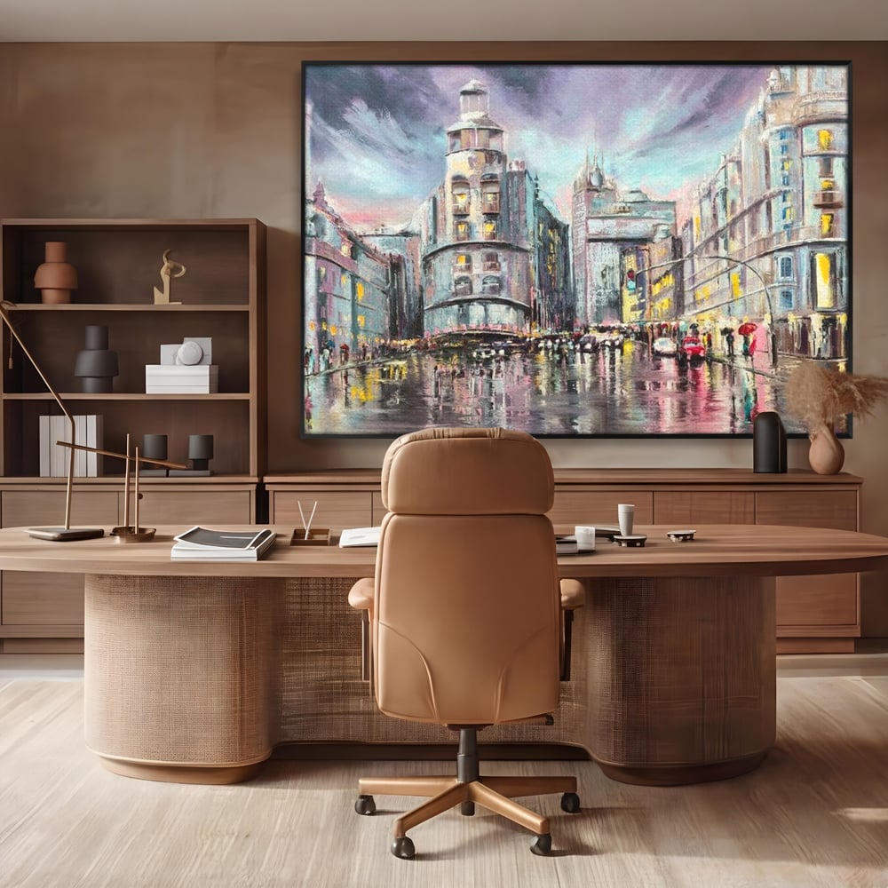 Tablou Canvas Premium, LuxCanva® O1009, Avenue in Lumina, Reflexii, Urban, Oras, Ploaie, Europa, Strada, Vibratie, Magie, Umbrela, Arhitectura, Citadin, Pictura, Vacanta, Birou, Living, Dormitor