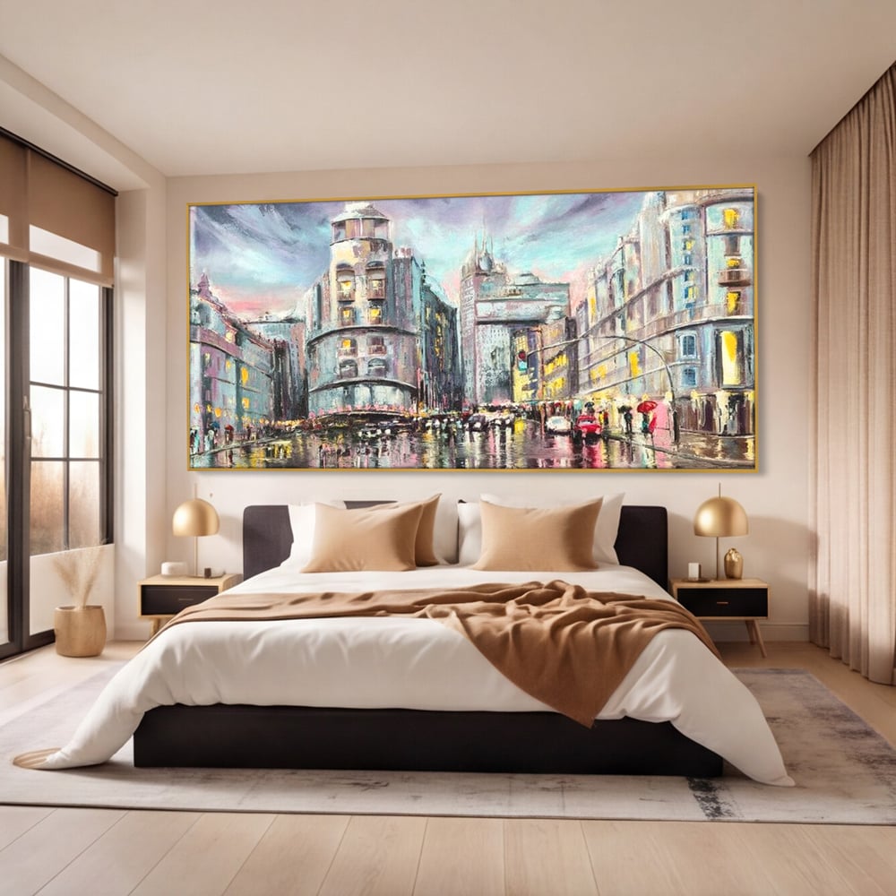 Tablou Canvas Premium, LuxCanva® O1009, Avenue in Lumina, Reflexii, Urban, Oras, Ploaie, Europa, Strada, Vibratie, Magie, Umbrela, Arhitectura, Citadin, Pictura, Vacanta, Birou, Living, Dormitor
