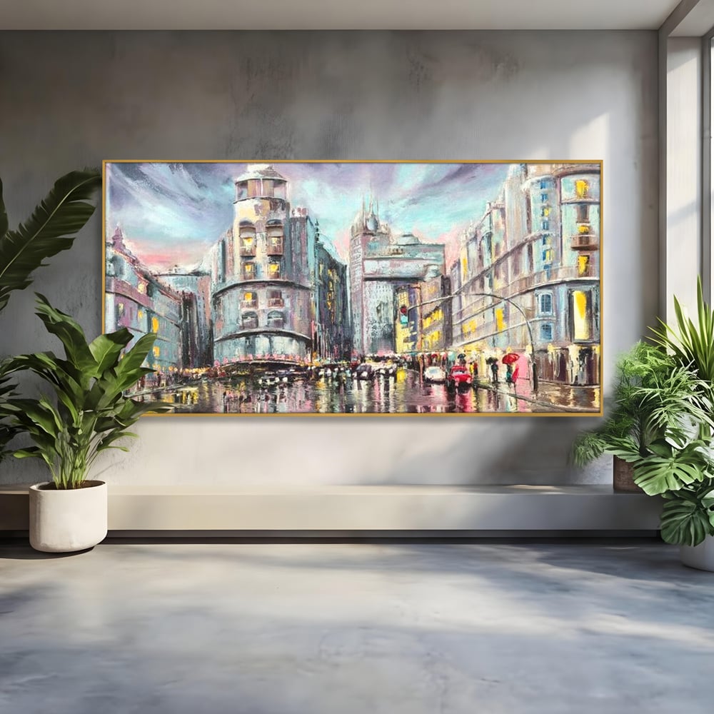 Tablou Canvas Premium, LuxCanva® O1009, Avenue in Lumina, Reflexii, Urban, Oras, Ploaie, Europa, Strada, Vibratie, Magie, Umbrela, Arhitectura, Citadin, Pictura, Vacanta, Birou, Living, Dormitor