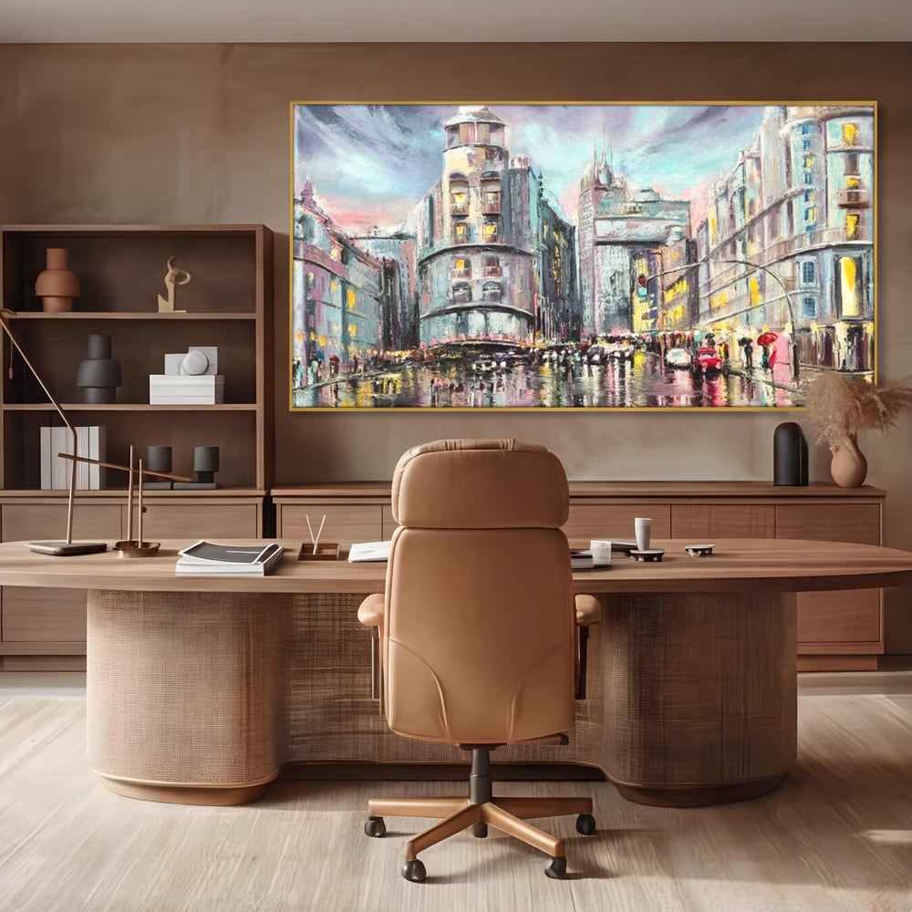 Tablou Canvas Premium, LuxCanva® O1009, Avenue in Lumina, Reflexii, Urban, Oras, Ploaie, Europa, Strada, Vibratie, Magie, Umbrela, Arhitectura, Citadin, Pictura, Vacanta, Birou, Living, Dormitor
