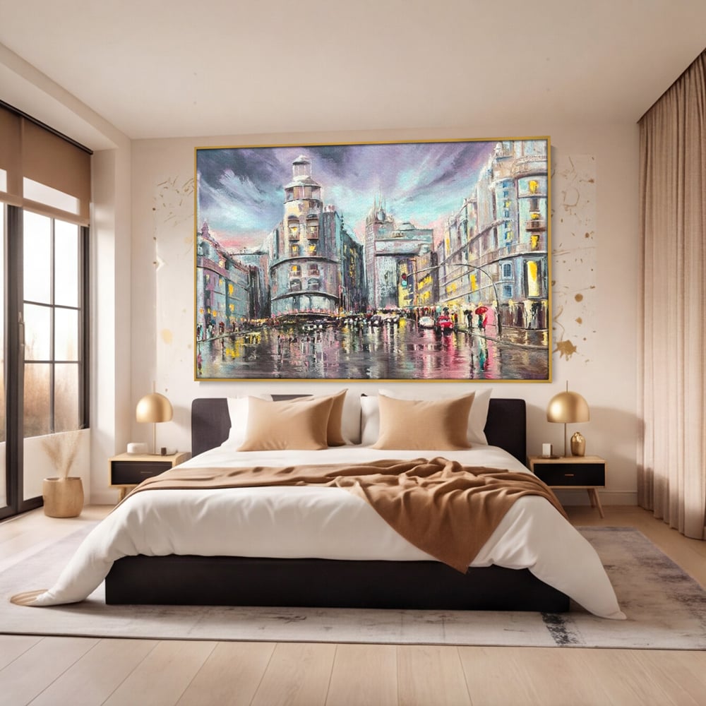 Tablou Canvas Premium, LuxCanva® O1009, Avenue in Lumina, Reflexii, Urban, Oras, Ploaie, Europa, Strada, Vibratie, Magie, Umbrela, Arhitectura, Citadin, Pictura, Vacanta, Birou, Living, Dormitor