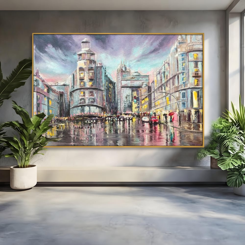 Tablou Canvas Premium, LuxCanva® O1009, Avenue in Lumina, Reflexii, Urban, Oras, Ploaie, Europa, Strada, Vibratie, Magie, Umbrela, Arhitectura, Citadin, Pictura, Vacanta, Birou, Living, Dormitor