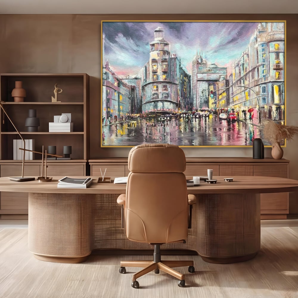 Tablou Canvas Premium, LuxCanva® O1009, Avenue in Lumina, Reflexii, Urban, Oras, Ploaie, Europa, Strada, Vibratie, Magie, Umbrela, Arhitectura, Citadin, Pictura, Vacanta, Birou, Living, Dormitor