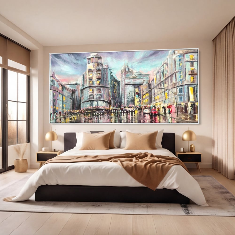 Tablou Canvas Premium, LuxCanva® O1009, Avenue in Lumina, Reflexii, Urban, Oras, Ploaie, Europa, Strada, Vibratie, Magie, Umbrela, Arhitectura, Citadin, Pictura, Vacanta, Birou, Living, Dormitor