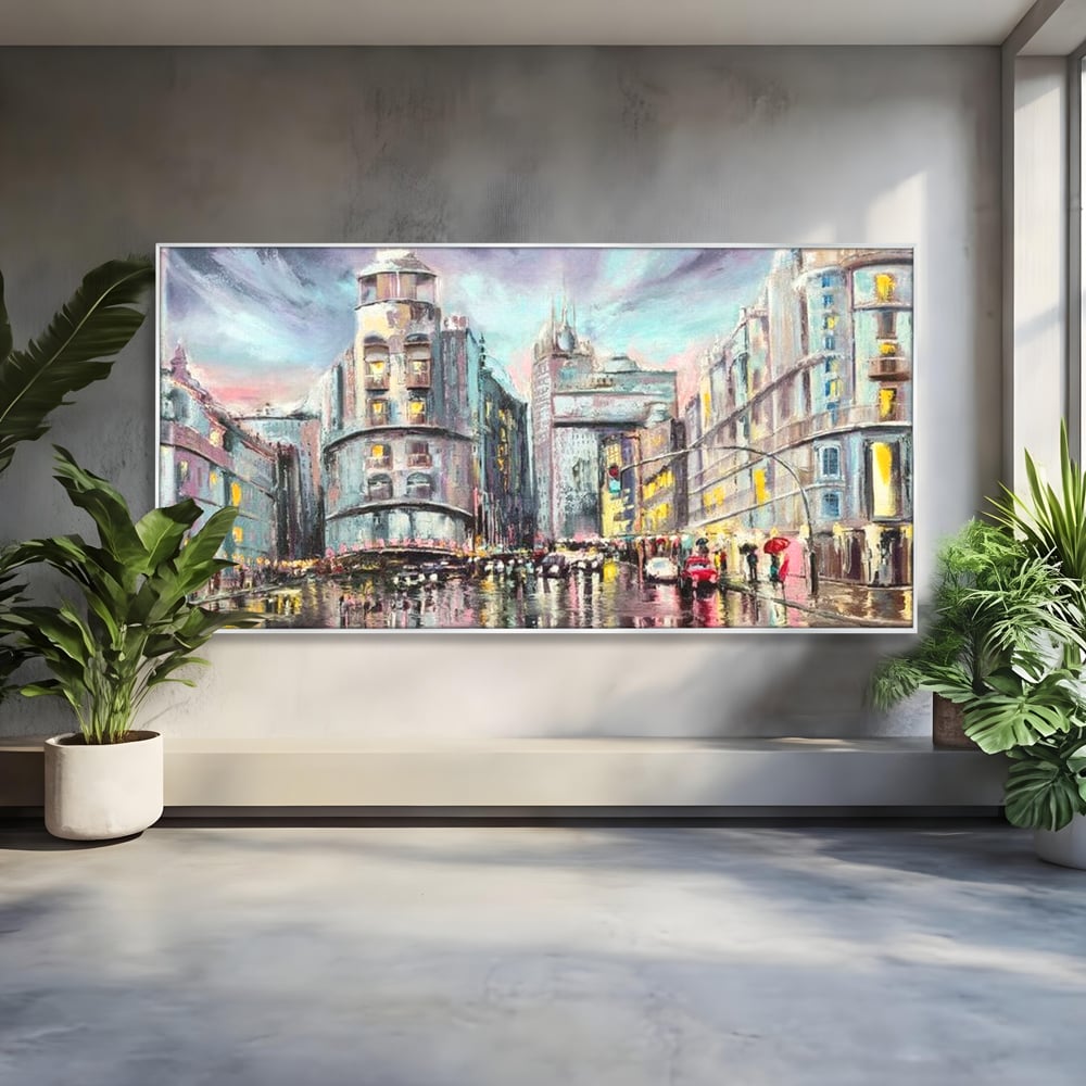 Tablou Canvas Premium, LuxCanva® O1009, Avenue in Lumina, Reflexii, Urban, Oras, Ploaie, Europa, Strada, Vibratie, Magie, Umbrela, Arhitectura, Citadin, Pictura, Vacanta, Birou, Living, Dormitor
