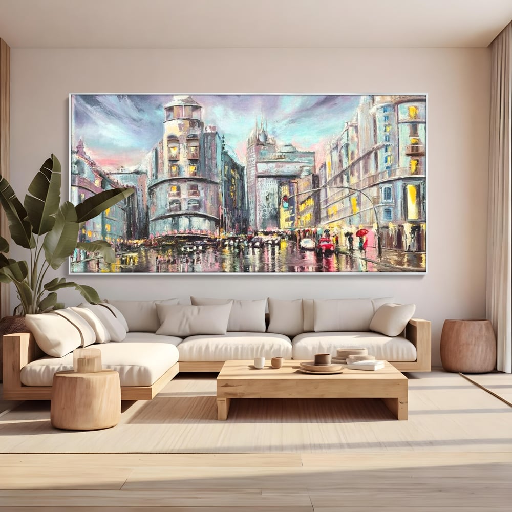 Tablou Canvas Premium, LuxCanva® O1009, Avenue in Lumina, Reflexii, Urban, Oras, Ploaie, Europa, Strada, Vibratie, Magie, Umbrela, Arhitectura, Citadin, Pictura, Vacanta, Birou, Living, Dormitor