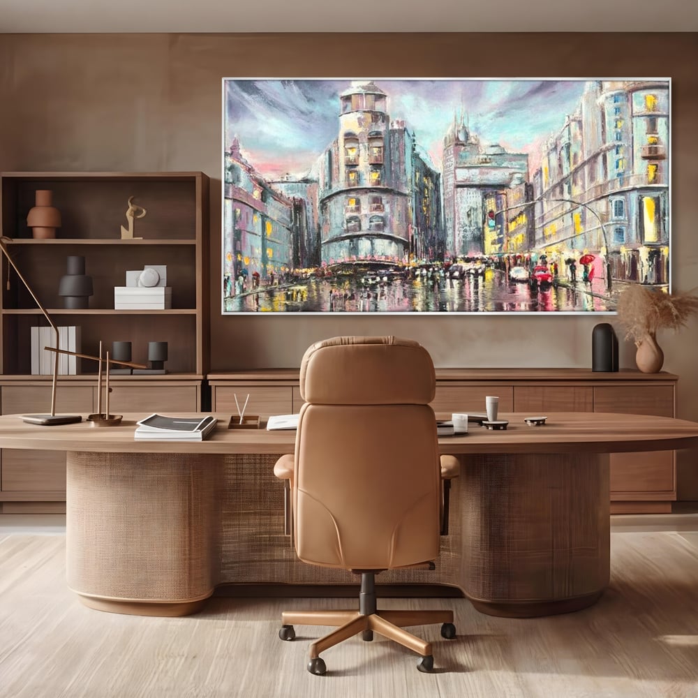 Tablou Canvas Premium, LuxCanva® O1009, Avenue in Lumina, Reflexii, Urban, Oras, Ploaie, Europa, Strada, Vibratie, Magie, Umbrela, Arhitectura, Citadin, Pictura, Vacanta, Birou, Living, Dormitor