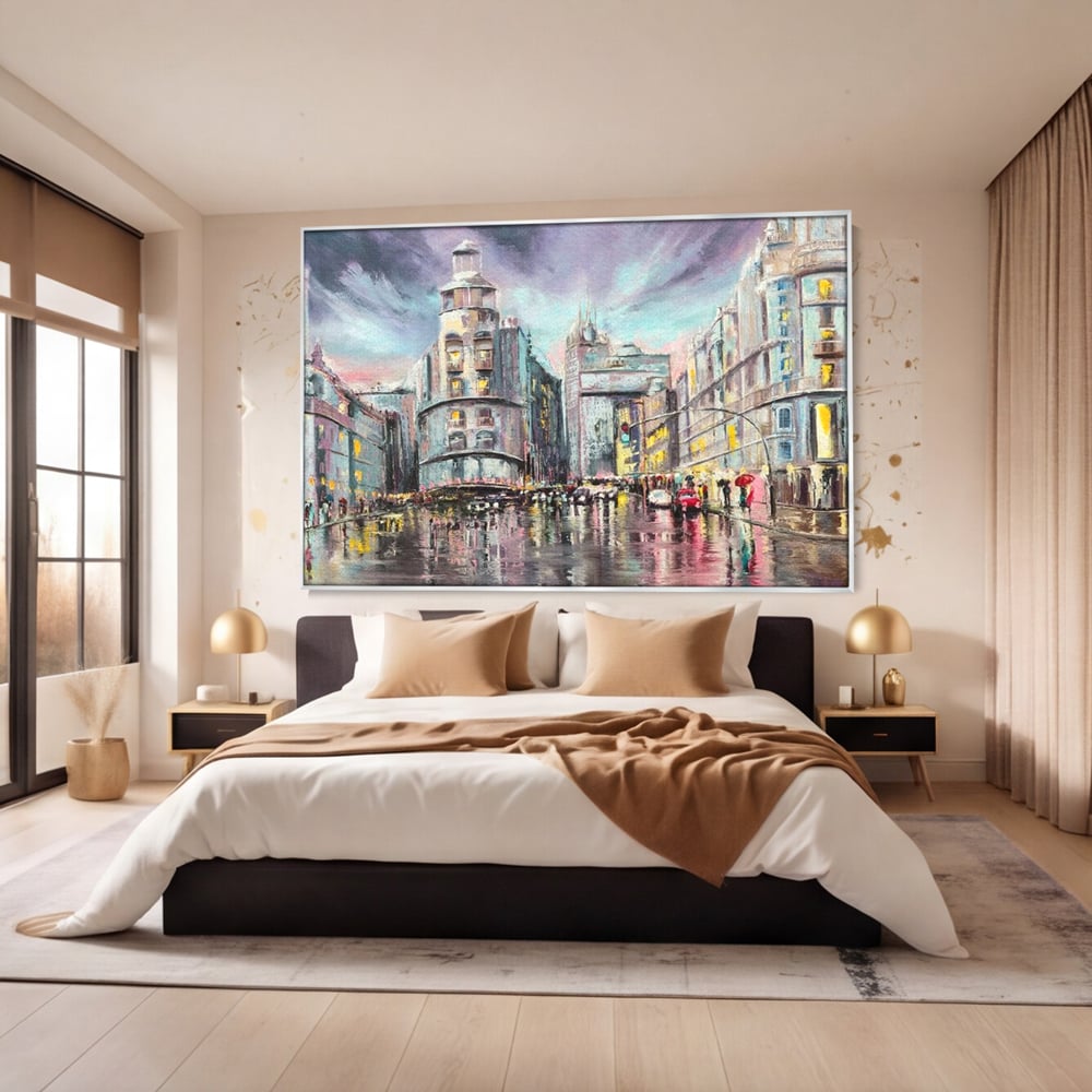 Tablou Canvas Premium, LuxCanva® O1009, Avenue in Lumina, Reflexii, Urban, Oras, Ploaie, Europa, Strada, Vibratie, Magie, Umbrela, Arhitectura, Citadin, Pictura, Vacanta, Birou, Living, Dormitor