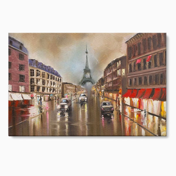 Leinwandbilder Premium, LuxCanva® O1010, Eiffel bei Sonnenuntergang, Paris, Boulevard, Regen, Sonnenuntergang, Romantik, Turm, Frankreich, Hauptstadt, Cafés, Dekoration, Urlaub, Ikonisch, Impressionismus, Büro, Wohnen, Schlafzimmer