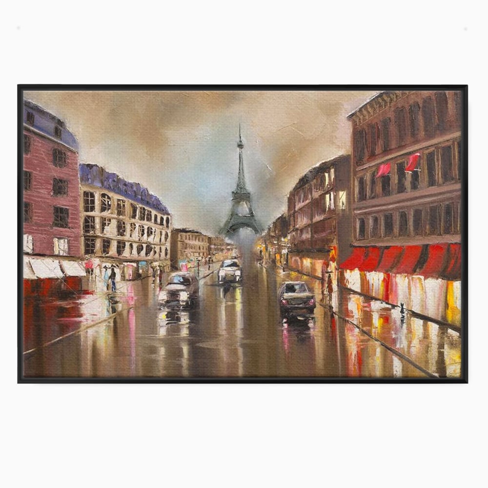 Leinwandbilder Premium, LuxCanva® O1010, Eiffel bei Sonnenuntergang, Paris, Boulevard, Regen, Sonnenuntergang, Romantik, Turm, Frankreich, Hauptstadt, Cafés, Dekoration, Urlaub, Ikonisch, Impressionismus, Büro, Wohnen, Schlafzimmer
