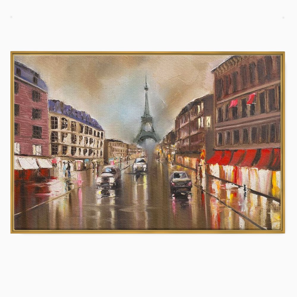 Leinwandbilder Premium, LuxCanva® O1010, Eiffel bei Sonnenuntergang, Paris, Boulevard, Regen, Sonnenuntergang, Romantik, Turm, Frankreich, Hauptstadt, Cafés, Dekoration, Urlaub, Ikonisch, Impressionismus, Büro, Wohnen, Schlafzimmer