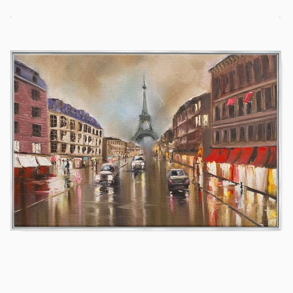 Leinwandbilder Premium, LuxCanva® O1010, Eiffel bei Sonnenuntergang, Paris, Boulevard, Regen, Sonnenuntergang, Romantik, Turm, Frankreich, Hauptstadt, Cafés, Dekoration, Urlaub, Ikonisch, Impressionismus, Büro, Wohnen, Schlafzimmer