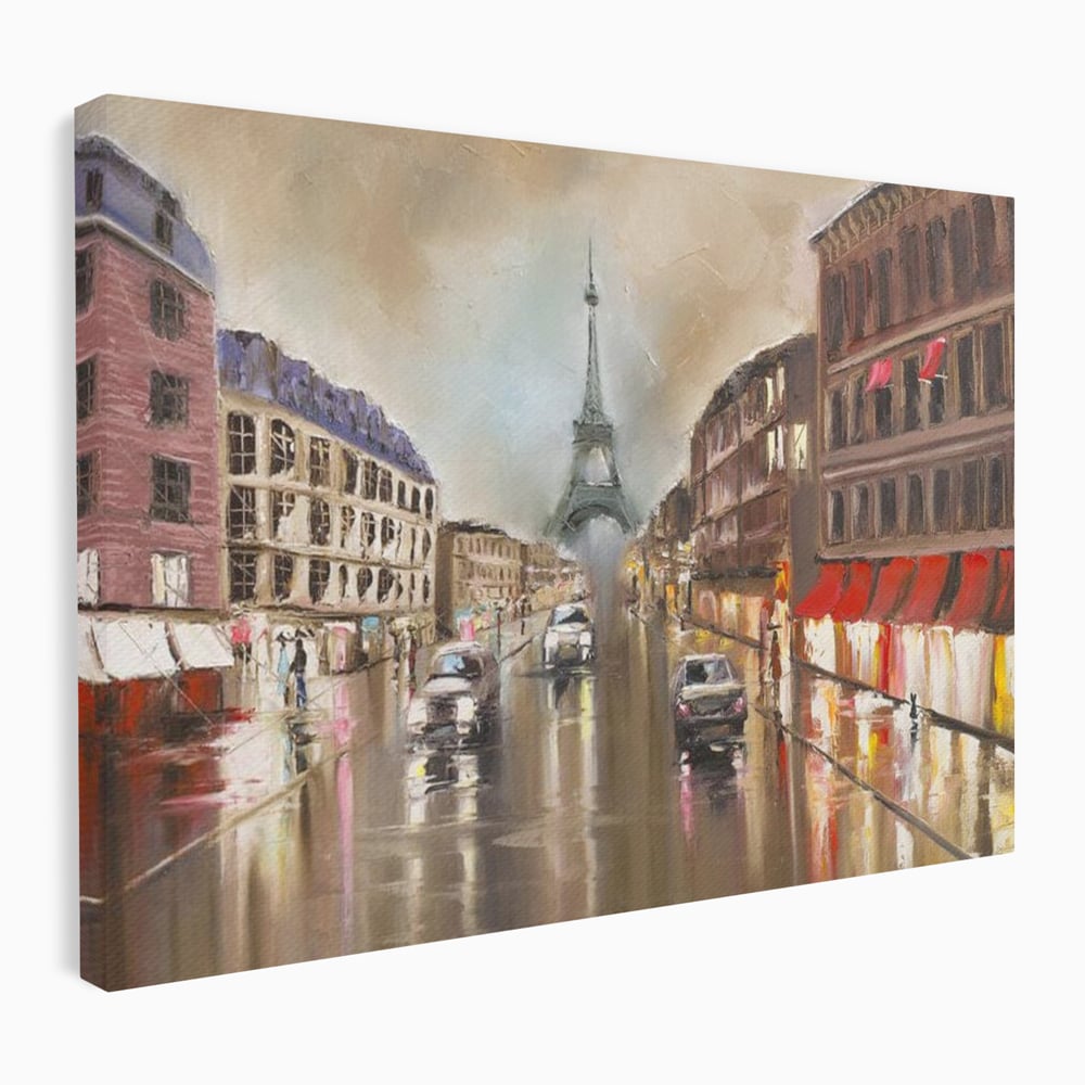 Leinwandbilder Premium, LuxCanva® O1010, Eiffel bei Sonnenuntergang, Paris, Boulevard, Regen, Sonnenuntergang, Romantik, Turm, Frankreich, Hauptstadt, Cafés, Dekoration, Urlaub, Ikonisch, Impressionismus, Büro, Wohnen, Schlafzimmer