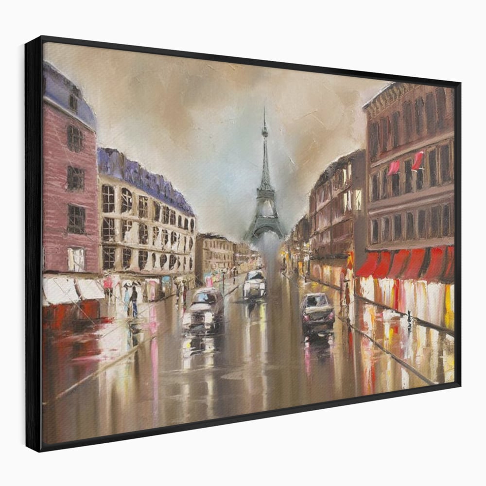 Leinwandbilder Premium, LuxCanva® O1010, Eiffel bei Sonnenuntergang, Paris, Boulevard, Regen, Sonnenuntergang, Romantik, Turm, Frankreich, Hauptstadt, Cafés, Dekoration, Urlaub, Ikonisch, Impressionismus, Büro, Wohnen, Schlafzimmer