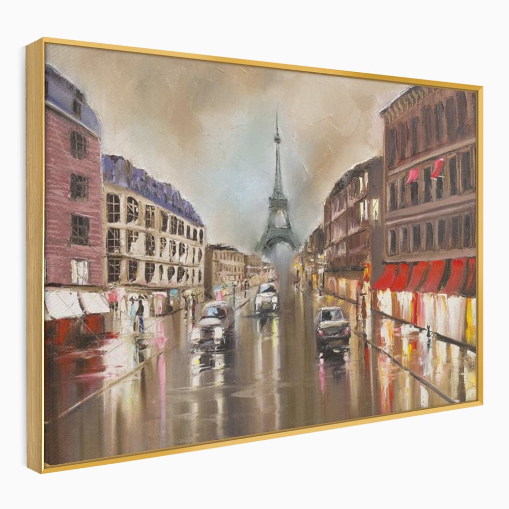 Leinwandbilder Premium, LuxCanva® O1010, Eiffel bei Sonnenuntergang, Paris, Boulevard, Regen, Sonnenuntergang, Romantik, Turm, Frankreich, Hauptstadt, Cafés, Dekoration, Urlaub, Ikonisch, Impressionismus, Büro, Wohnen, Schlafzimmer