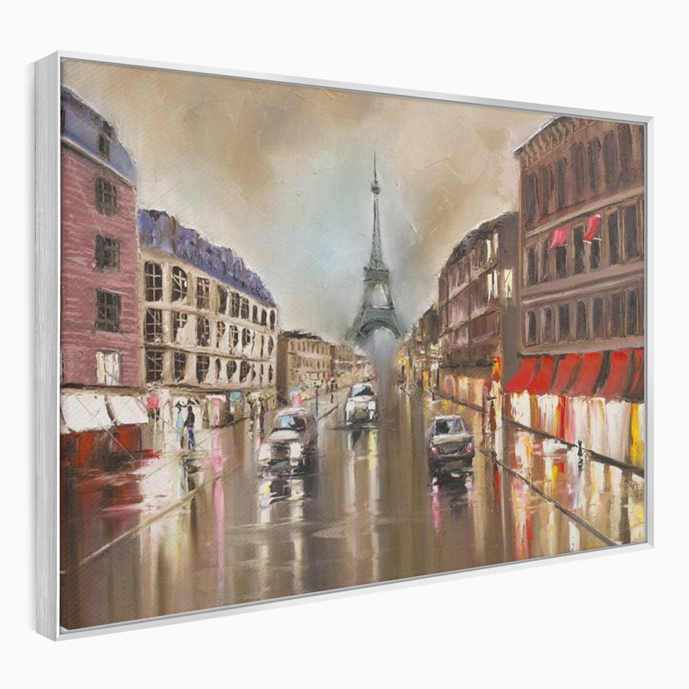 Leinwandbilder Premium, LuxCanva® O1010, Eiffel bei Sonnenuntergang, Paris, Boulevard, Regen, Sonnenuntergang, Romantik, Turm, Frankreich, Hauptstadt, Cafés, Dekoration, Urlaub, Ikonisch, Impressionismus, Büro, Wohnen, Schlafzimmer