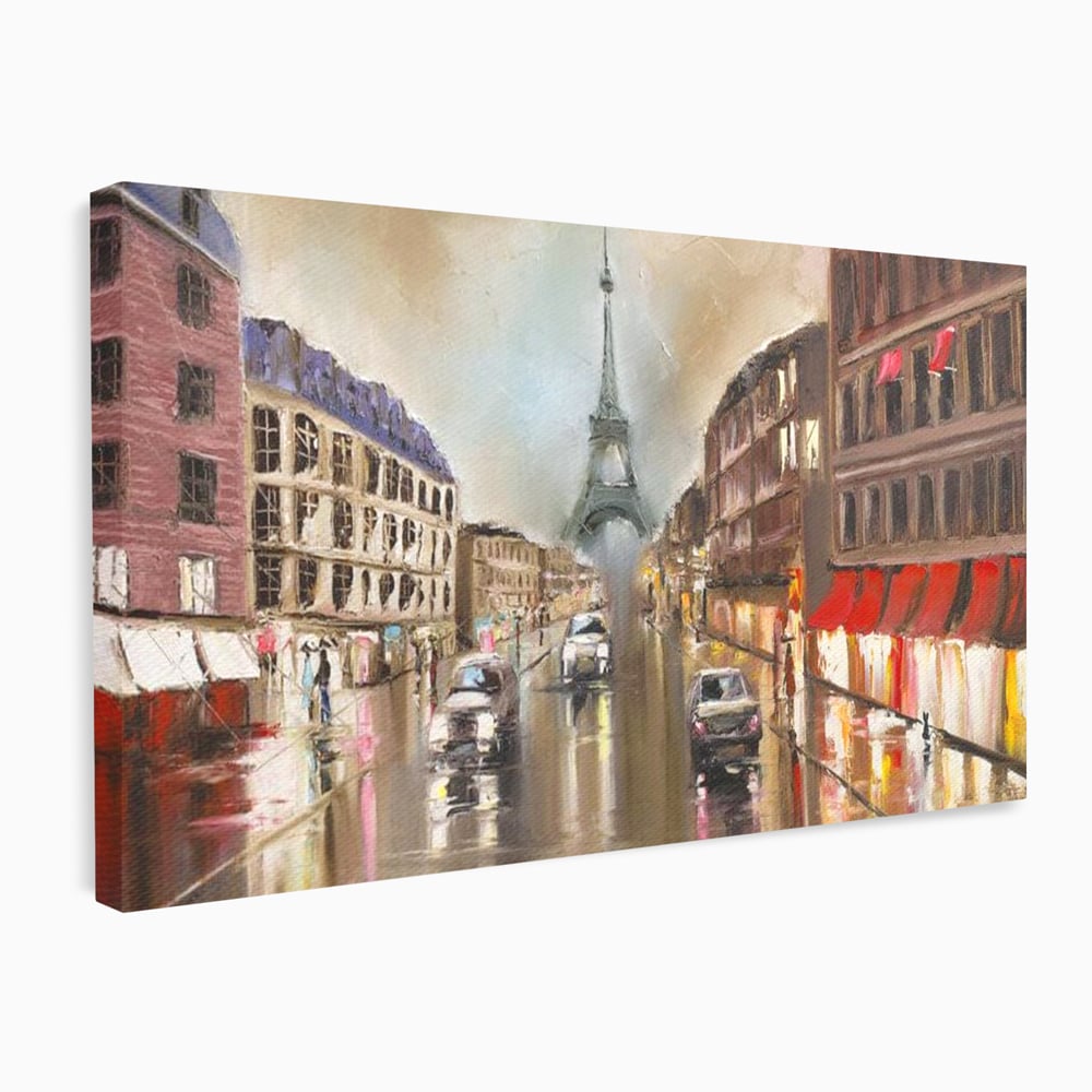 Leinwandbilder Premium, LuxCanva® O1010, Eiffel bei Sonnenuntergang, Paris, Boulevard, Regen, Sonnenuntergang, Romantik, Turm, Frankreich, Hauptstadt, Cafés, Dekoration, Urlaub, Ikonisch, Impressionismus, Büro, Wohnen, Schlafzimmer