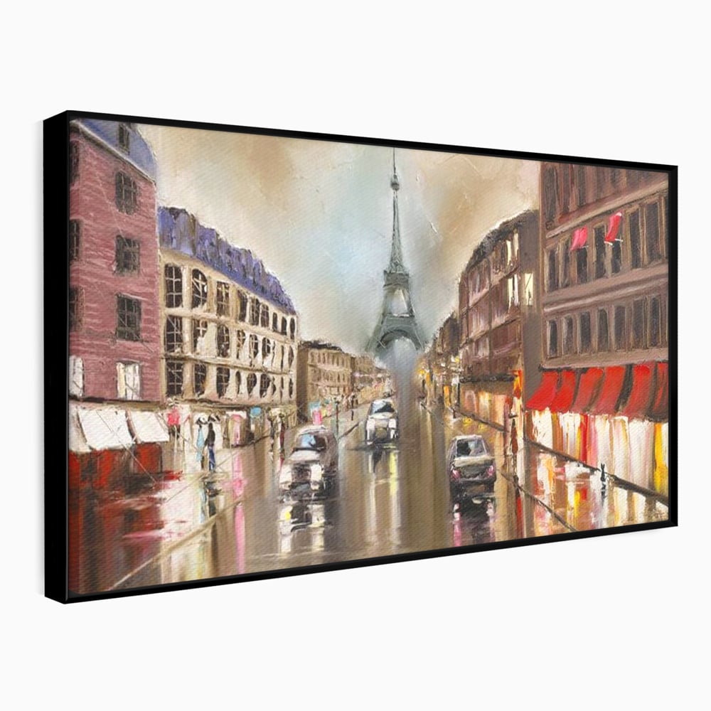 Leinwandbilder Premium, LuxCanva® O1010, Eiffel bei Sonnenuntergang, Paris, Boulevard, Regen, Sonnenuntergang, Romantik, Turm, Frankreich, Hauptstadt, Cafés, Dekoration, Urlaub, Ikonisch, Impressionismus, Büro, Wohnen, Schlafzimmer