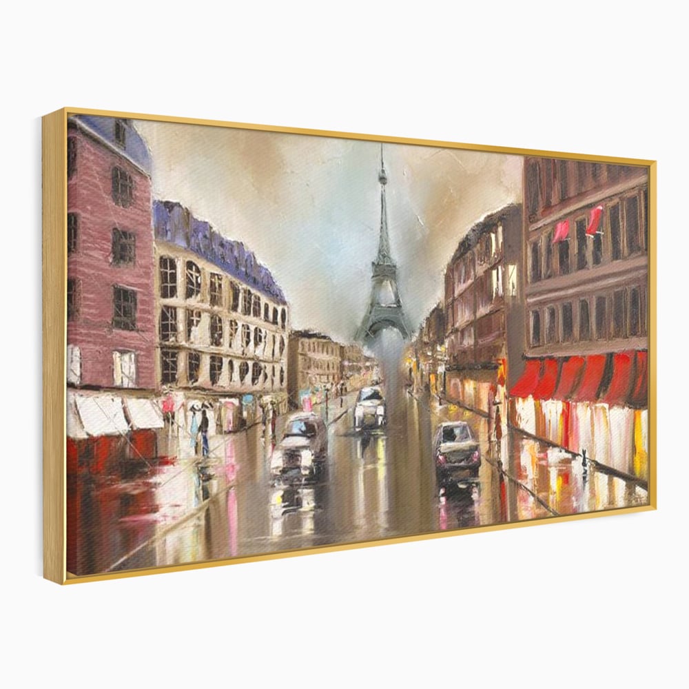 Leinwandbilder Premium, LuxCanva® O1010, Eiffel bei Sonnenuntergang, Paris, Boulevard, Regen, Sonnenuntergang, Romantik, Turm, Frankreich, Hauptstadt, Cafés, Dekoration, Urlaub, Ikonisch, Impressionismus, Büro, Wohnen, Schlafzimmer