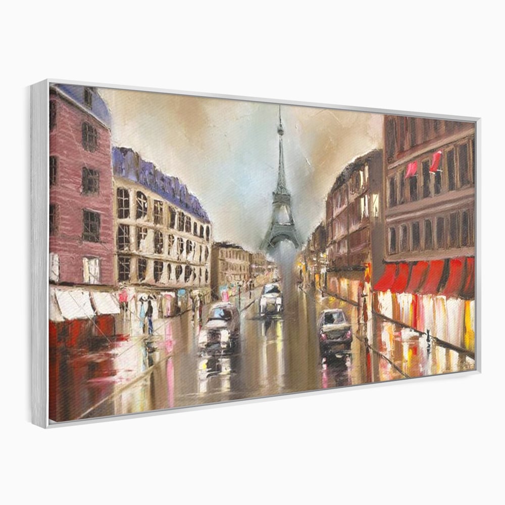Leinwandbilder Premium, LuxCanva® O1010, Eiffel bei Sonnenuntergang, Paris, Boulevard, Regen, Sonnenuntergang, Romantik, Turm, Frankreich, Hauptstadt, Cafés, Dekoration, Urlaub, Ikonisch, Impressionismus, Büro, Wohnen, Schlafzimmer