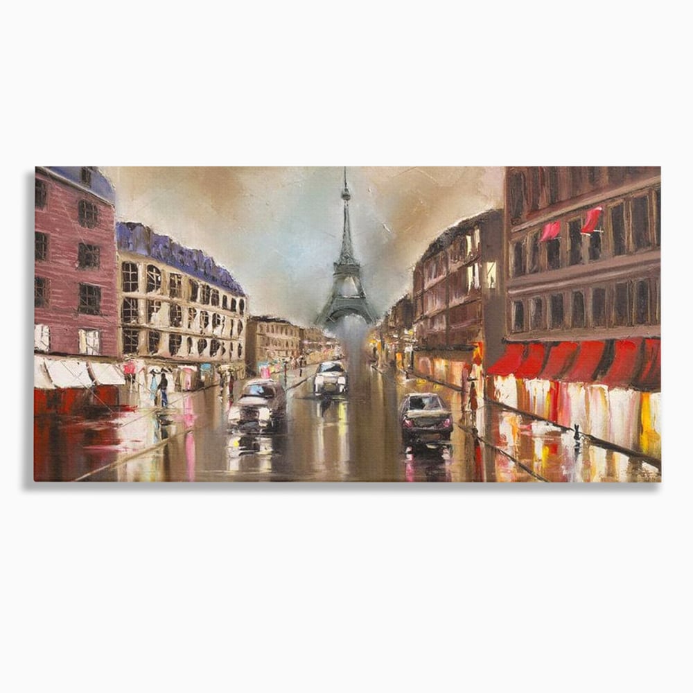Leinwandbilder Premium, LuxCanva® O1010, Eiffel bei Sonnenuntergang, Paris, Boulevard, Regen, Sonnenuntergang, Romantik, Turm, Frankreich, Hauptstadt, Cafés, Dekoration, Urlaub, Ikonisch, Impressionismus, Büro, Wohnen, Schlafzimmer