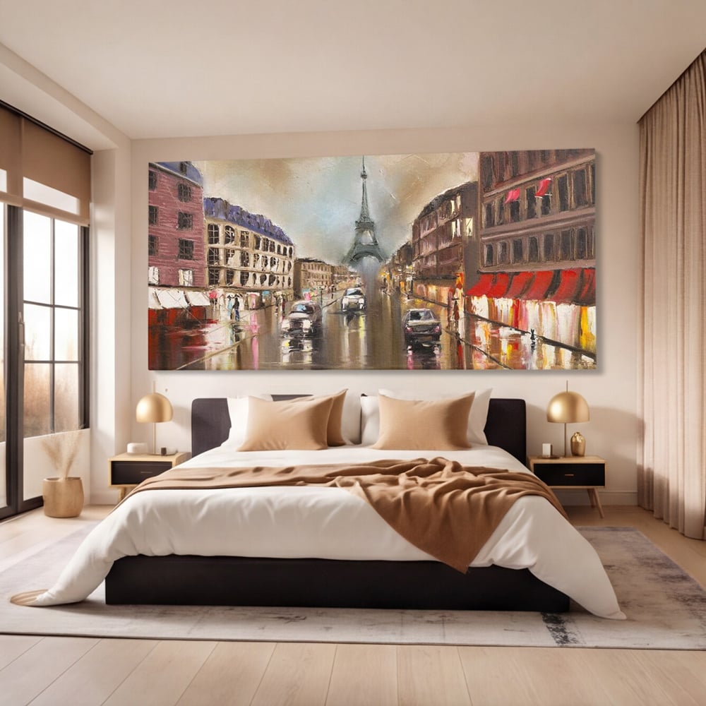 Leinwandbilder Premium, LuxCanva® O1010, Eiffel bei Sonnenuntergang, Paris, Boulevard, Regen, Sonnenuntergang, Romantik, Turm, Frankreich, Hauptstadt, Cafés, Dekoration, Urlaub, Ikonisch, Impressionismus, Büro, Wohnen, Schlafzimmer