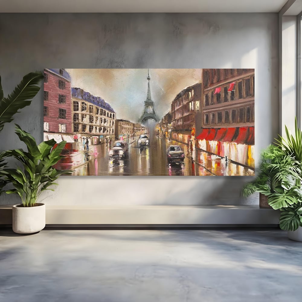 Leinwandbilder Premium, LuxCanva® O1010, Eiffel bei Sonnenuntergang, Paris, Boulevard, Regen, Sonnenuntergang, Romantik, Turm, Frankreich, Hauptstadt, Cafés, Dekoration, Urlaub, Ikonisch, Impressionismus, Büro, Wohnen, Schlafzimmer