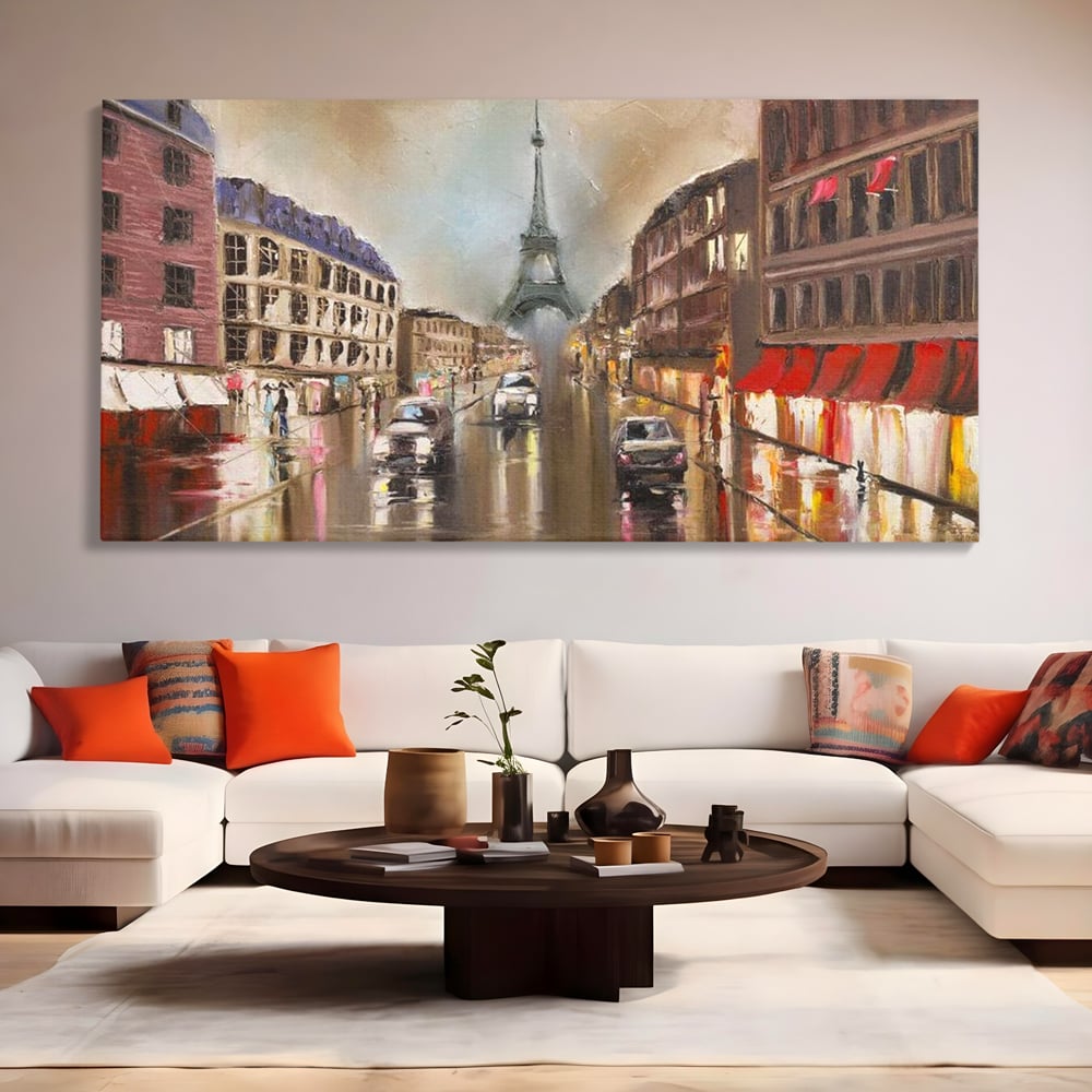 Leinwandbilder Premium, LuxCanva® O1010, Eiffel bei Sonnenuntergang, Paris, Boulevard, Regen, Sonnenuntergang, Romantik, Turm, Frankreich, Hauptstadt, Cafés, Dekoration, Urlaub, Ikonisch, Impressionismus, Büro, Wohnen, Schlafzimmer