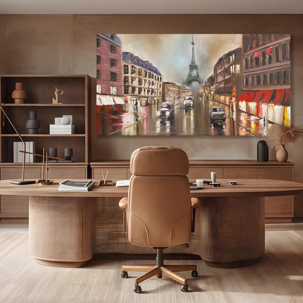 Leinwandbilder Premium, LuxCanva® O1010, Eiffel bei Sonnenuntergang, Paris, Boulevard, Regen, Sonnenuntergang, Romantik, Turm, Frankreich, Hauptstadt, Cafés, Dekoration, Urlaub, Ikonisch, Impressionismus, Büro, Wohnen, Schlafzimmer