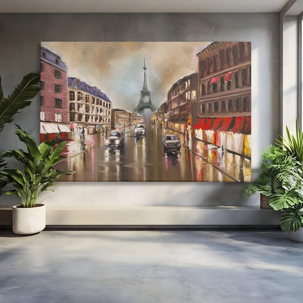 Leinwandbilder Premium, LuxCanva® O1010, Eiffel bei Sonnenuntergang, Paris, Boulevard, Regen, Sonnenuntergang, Romantik, Turm, Frankreich, Hauptstadt, Cafés, Dekoration, Urlaub, Ikonisch, Impressionismus, Büro, Wohnen, Schlafzimmer