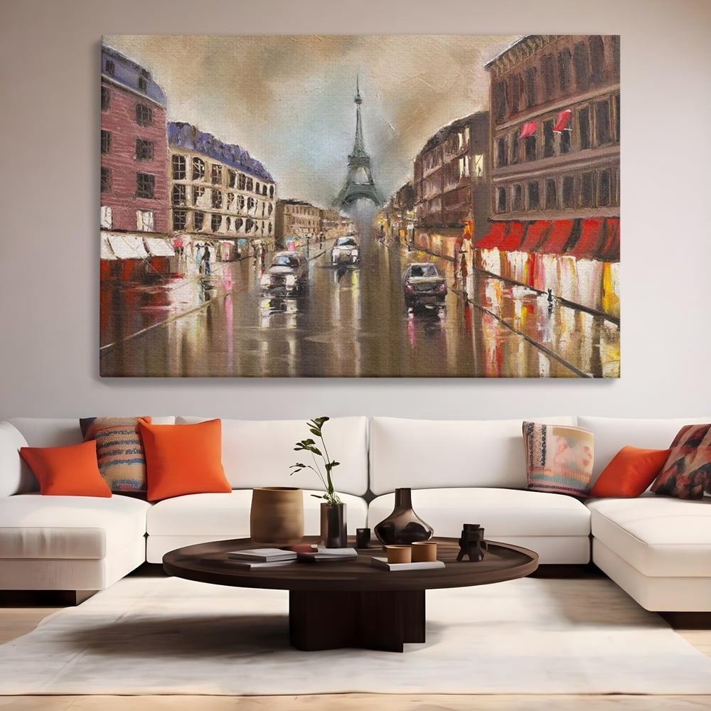 Leinwandbilder Premium, LuxCanva® O1010, Eiffel bei Sonnenuntergang, Paris, Boulevard, Regen, Sonnenuntergang, Romantik, Turm, Frankreich, Hauptstadt, Cafés, Dekoration, Urlaub, Ikonisch, Impressionismus, Büro, Wohnen, Schlafzimmer