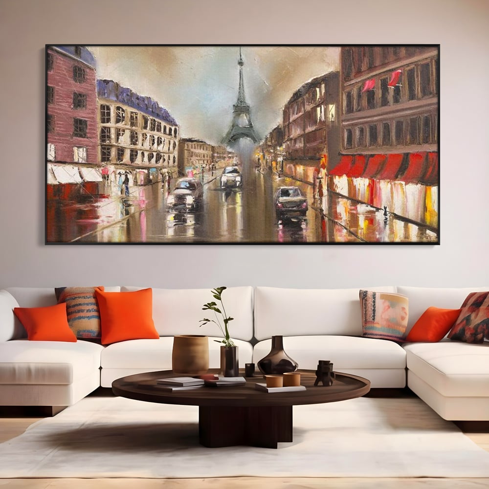 Leinwandbilder Premium, LuxCanva® O1010, Eiffel bei Sonnenuntergang, Paris, Boulevard, Regen, Sonnenuntergang, Romantik, Turm, Frankreich, Hauptstadt, Cafés, Dekoration, Urlaub, Ikonisch, Impressionismus, Büro, Wohnen, Schlafzimmer