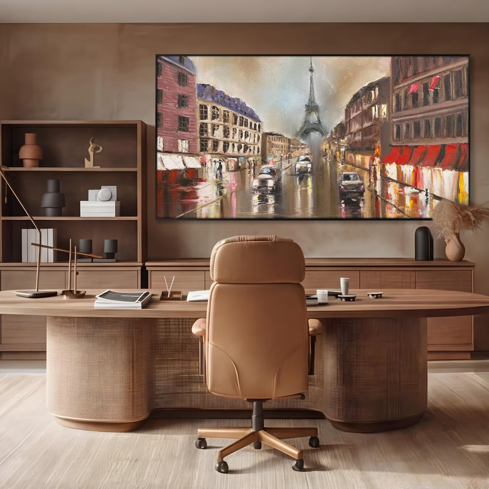 Leinwandbilder Premium, LuxCanva® O1010, Eiffel bei Sonnenuntergang, Paris, Boulevard, Regen, Sonnenuntergang, Romantik, Turm, Frankreich, Hauptstadt, Cafés, Dekoration, Urlaub, Ikonisch, Impressionismus, Büro, Wohnen, Schlafzimmer